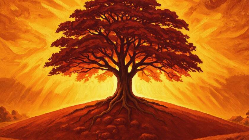 Painted illustration of a strong tree with deep roots in golden light, rooted and grounded in love