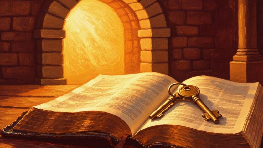 Painted illustration of golden keys resting on an open Bible before a city gate, for a kingdom of heaven sermon