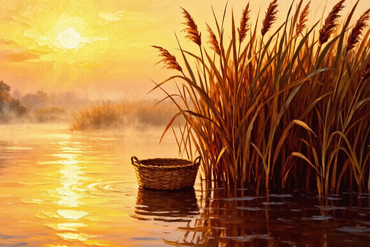 Painted illustration of a basket of baby Moses hidden among the bulrushes at the river's edge