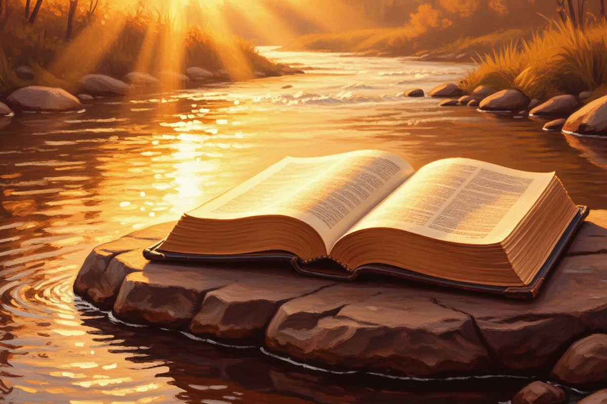 Painted illustration of morning sunlight sparkling on a quiet stream beside an open Bible