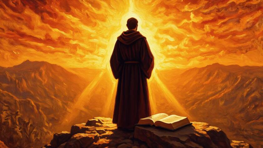 Painted illustration of a figure on a hill gazing toward a radiant dawn, for the kingdom faith sermon