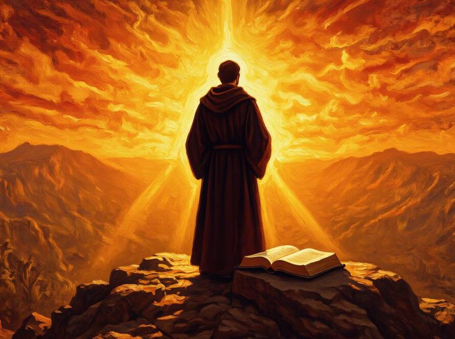 Painted illustration of a figure on a hill gazing toward a radiant dawn, for the kingdom faith sermon