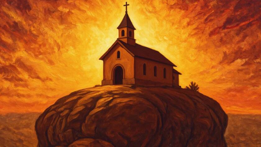 Painted illustration of a church on a rock in golden light for the 40th anniversary of ministry sermon