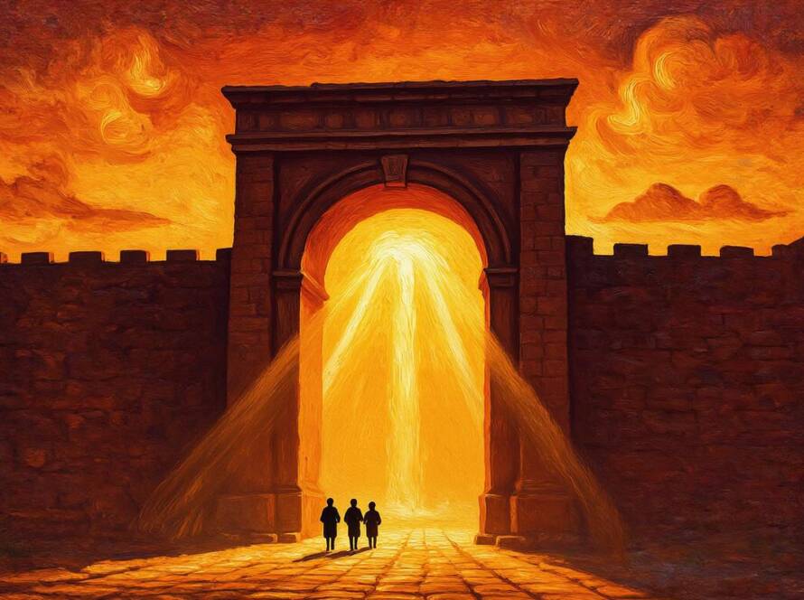 Painted illustration of golden light filling an open city gate for An Introduction to God on Jehovah Shammah