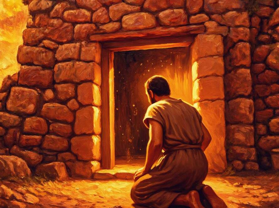 Painted illustration of a servant kneeling at a doorway in golden light for An Introduction to God on Adonai