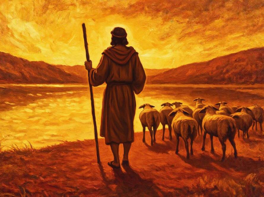 Painted shepherd leading his flock to green pastures for An Introduction to God the Names of God part 12