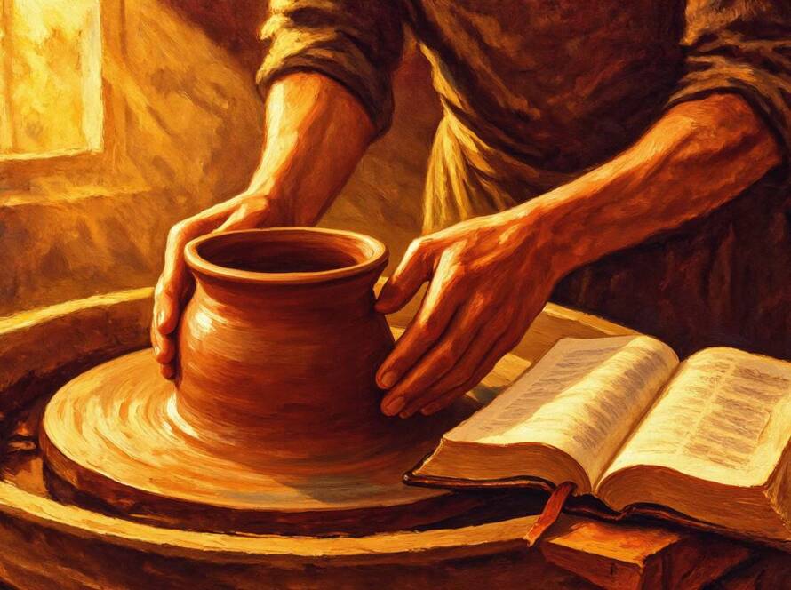 Painted illustration of a potter's wheel beside an open Bible for An Introduction to God, Jehovah Hosu