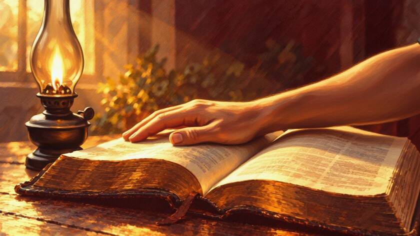 Painted illustration of a hand resting on an open Bible in warm lamplight for applying the Word of God