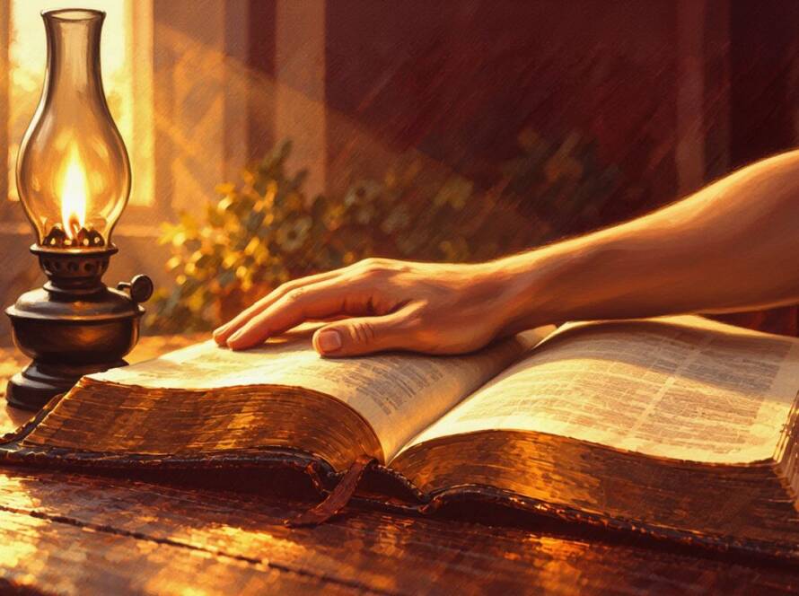 Painted illustration of a hand resting on an open Bible in warm lamplight for applying the Word of God
