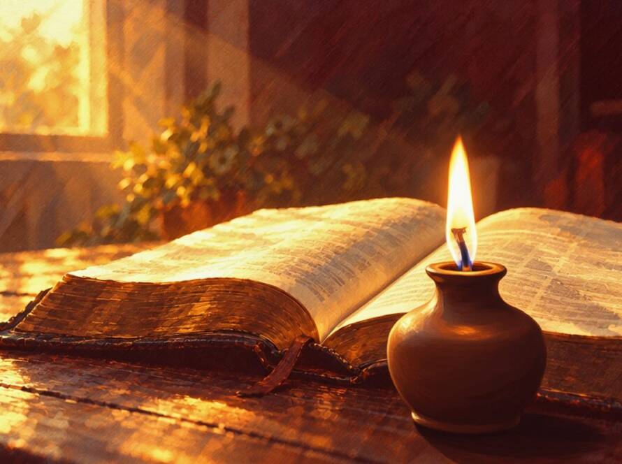 Painted illustration of an oil lamp burning beside an open Bible at dawn for the Are You Ready sermon