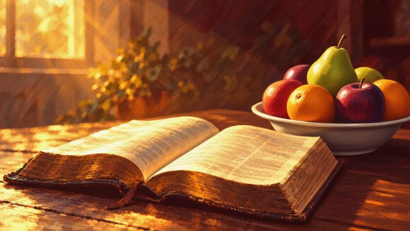 Painted illustration of an open Bible glowing on a table beside fruit, for blessed with heavens best
