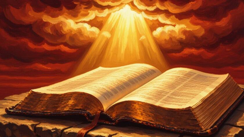 Painted illustration of golden light pouring from heaven onto an open Bible, blessed with heavens best