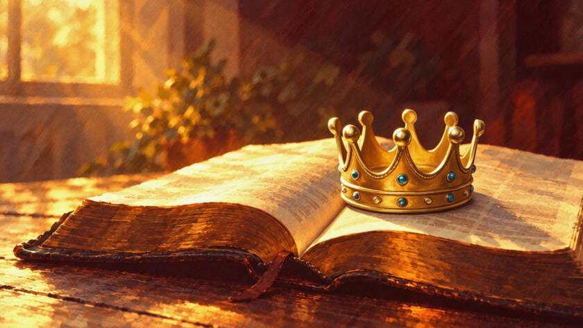 Painted illustration of a royal crown resting on an open Bible in a garden for the Build Kingdom sermon