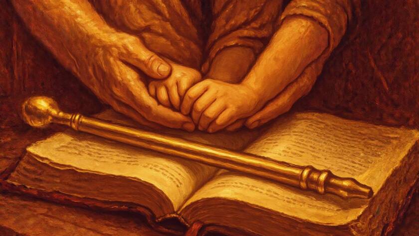 Painted illustration of a father's hand guiding a child's hand on a golden scepter for building gods kingdom