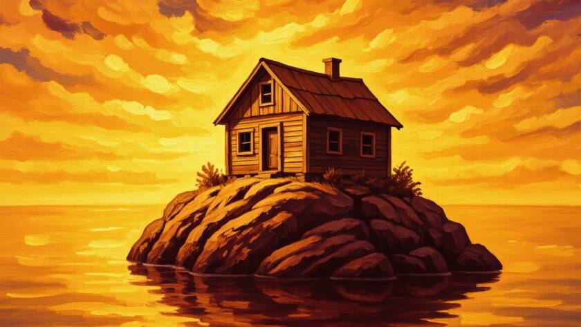 Painted illustration of a house on a rock under a calm golden sky for the Building Gods Kingdom sermon