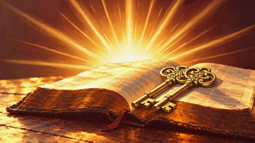Painted illustration of golden keys resting on an open Bible for the Building Gods Kingdom sermon