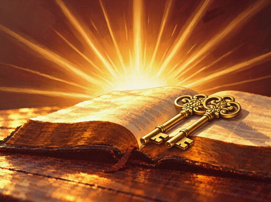 Painted illustration of golden keys resting on an open Bible for the Building Gods Kingdom sermon
