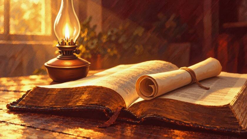 Painted illustration of an open Bible and a lit oil lamp beside a scroll for the Building Gods Kingdom sermon