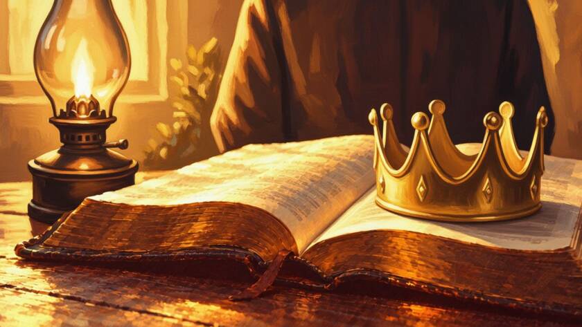 Painted illustration of an open Bible beside a lamp and a crown for the Building Gods Kingdom teaching