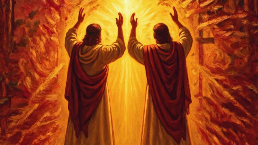 Painted illustration of a woman and a man lifting hands in prayer for the building gods kingdom message
