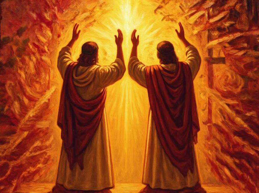 Painted illustration of a woman and a man lifting hands in prayer for the building gods kingdom message