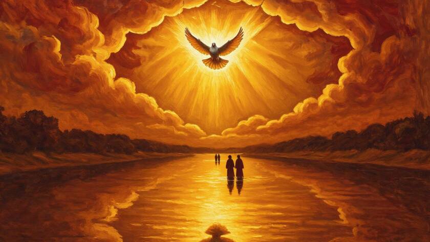 Painted illustration of a river baptism scene at sunrise with a dove overhead for the building kingdom sermon