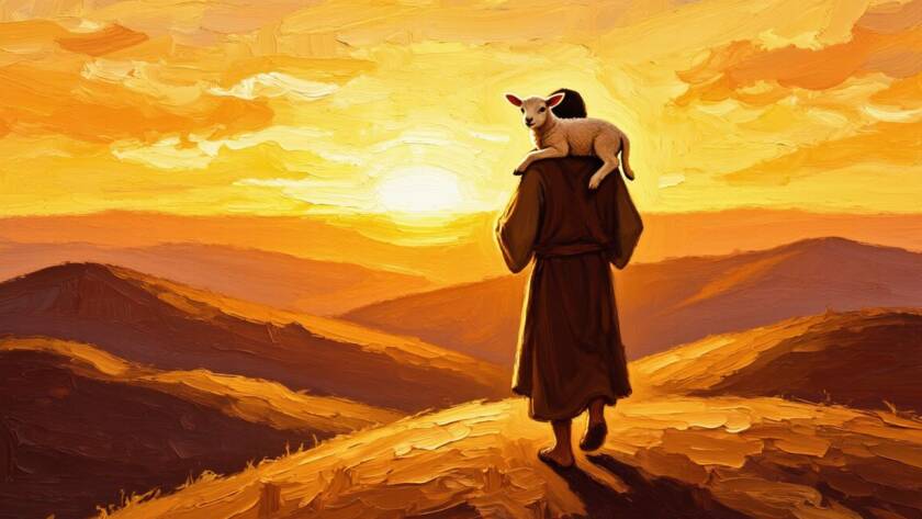 Painted illustration of a shepherd carrying a lamb at sunrise for the building kingdom Easter sermon
