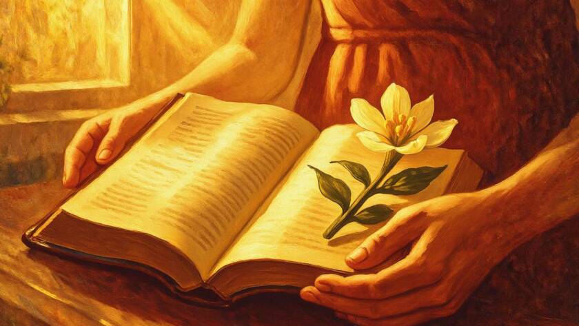 Painted illustration of a mother's hands holding an open Bible in golden light for the building kingdom Mother's Day message
