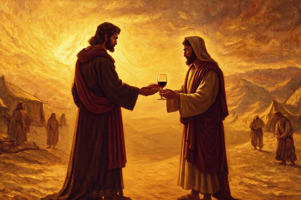 Painted illustration of a robed priest-king offering bread and a cup of wine to a weary traveler at dusk
