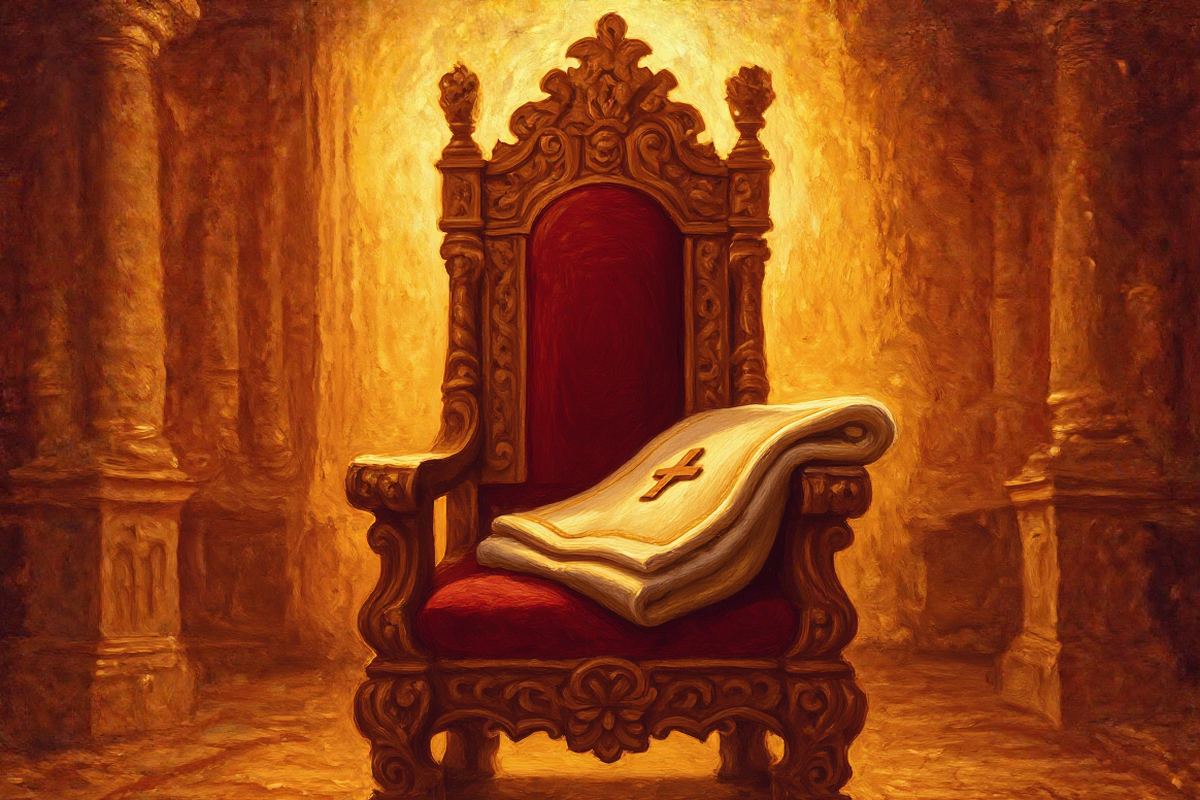 Painted illustration of an empty throne bathed in soft golden light beside a resting priestly robe