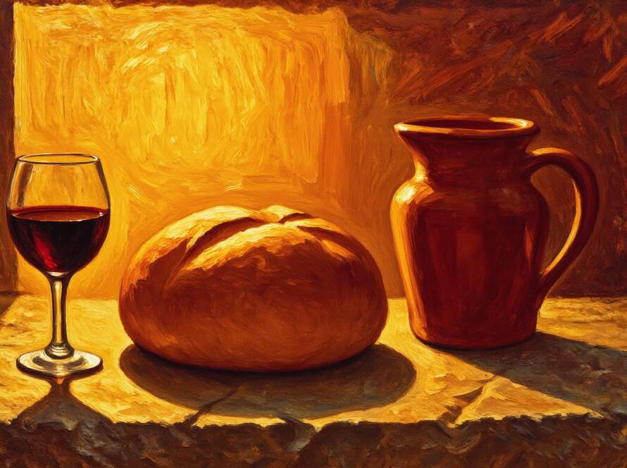 Painted illustration of bread and a cup of wine on a stone table for celebrating the Lord's Supper