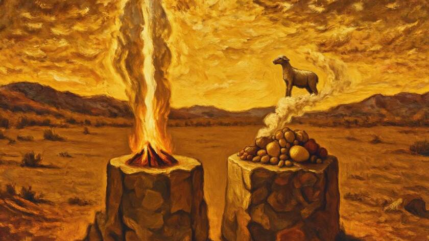Painted illustration of Abel's lamb offering and Cain's harvest offering for the church service at the fair sermon