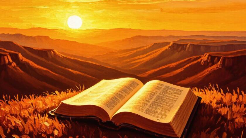 Painted illustration of an open Bible glowing on a hillside at sunrise, a picture of comfort in eternity