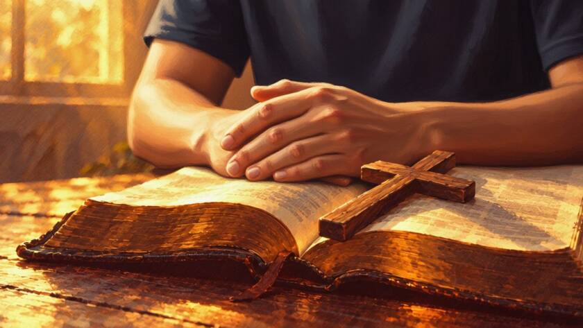 Painted illustration of hands resting on an open Bible beside a simple wooden cross for the committed to Christ sermon