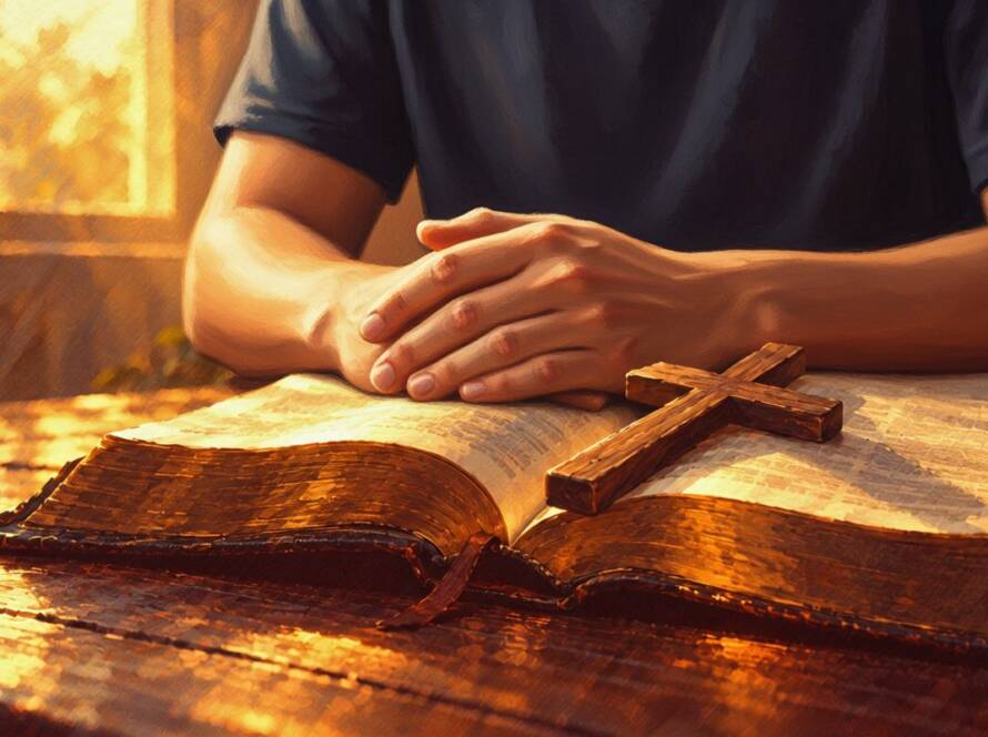 Painted illustration of hands resting on an open Bible beside a simple wooden cross for the committed to Christ sermon
