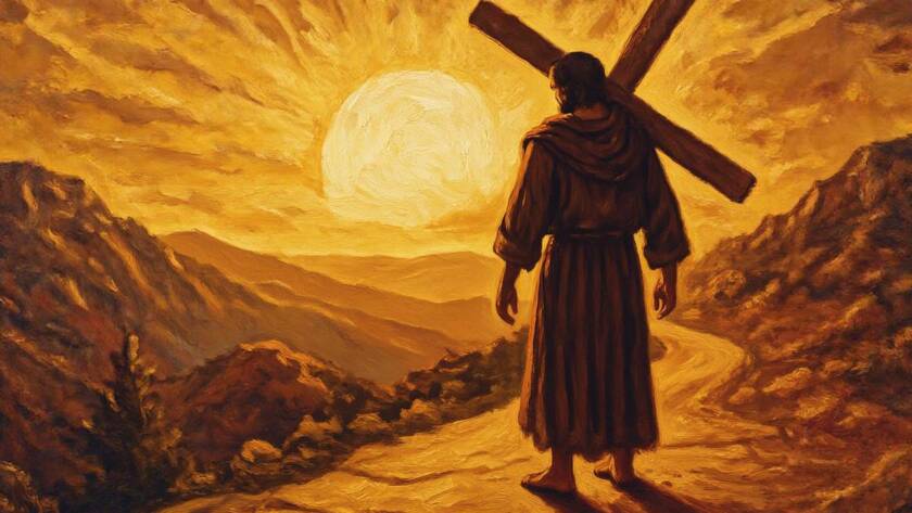 Painted illustration of a traveler carrying a wooden cross toward golden light, a picture of being committed to Christ