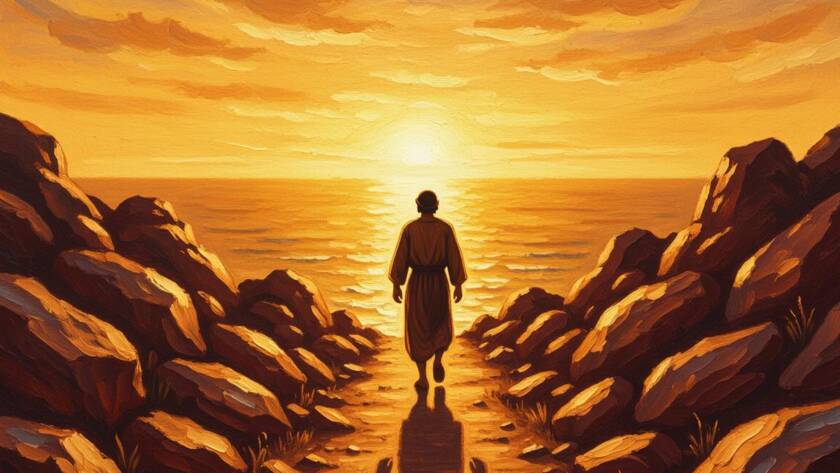 Painted illustration of a small figure stepping onto a rocky path toward a bright horizon for the crazy faith sermon