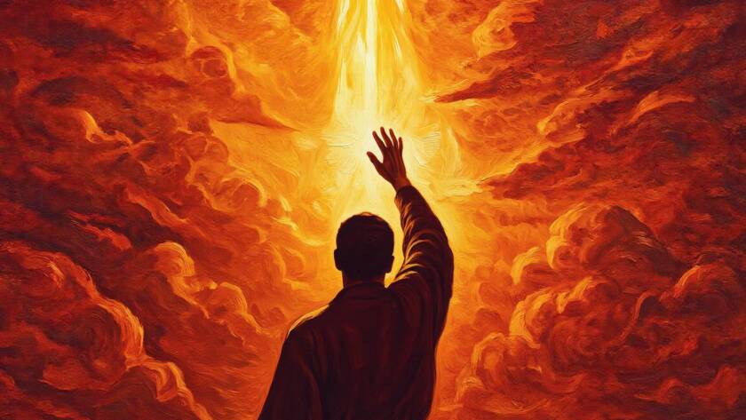 Painted illustration of an open hand reaching toward warm light for the crazy faith desire sermon