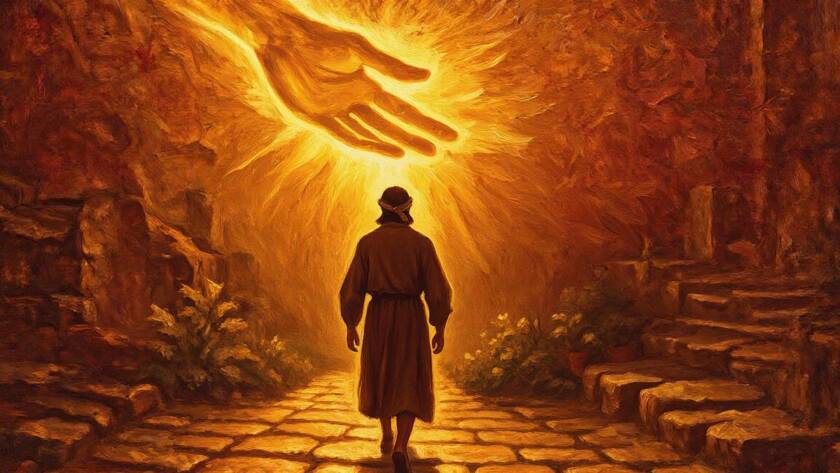 Painted illustration of a blindfolded traveler guided by a hand of light, for the crazy faith sermon