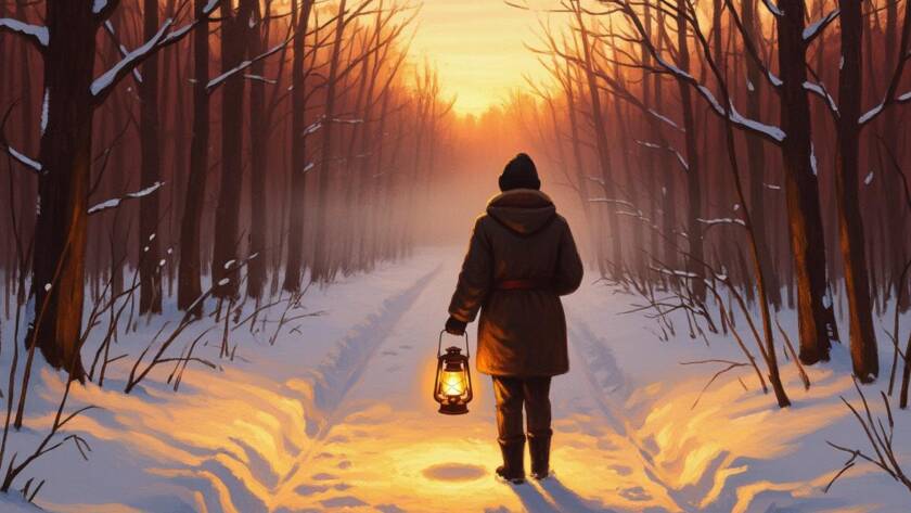 Painted illustration of a lantern-lit path through a winter forest for the crazy faith sermon