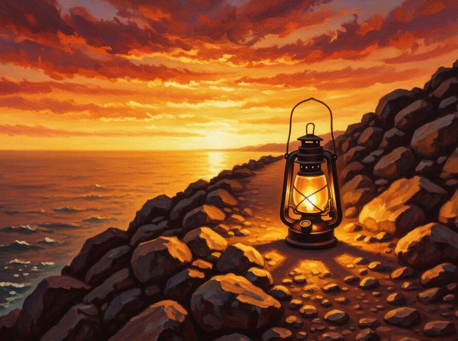 Painted illustration of a lantern glowing on a rocky path at dusk, a picture of hope for those who lose heart