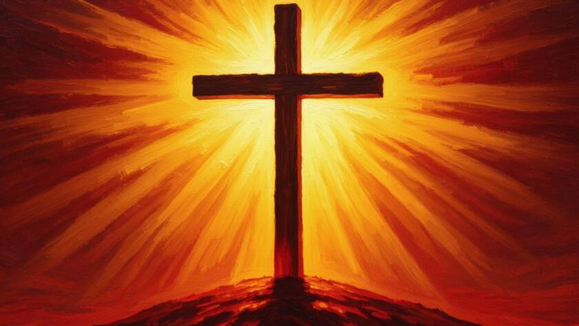 Painted illustration of an empty cross with light streaming from its wounds symbol for the Carol Elaine sermon