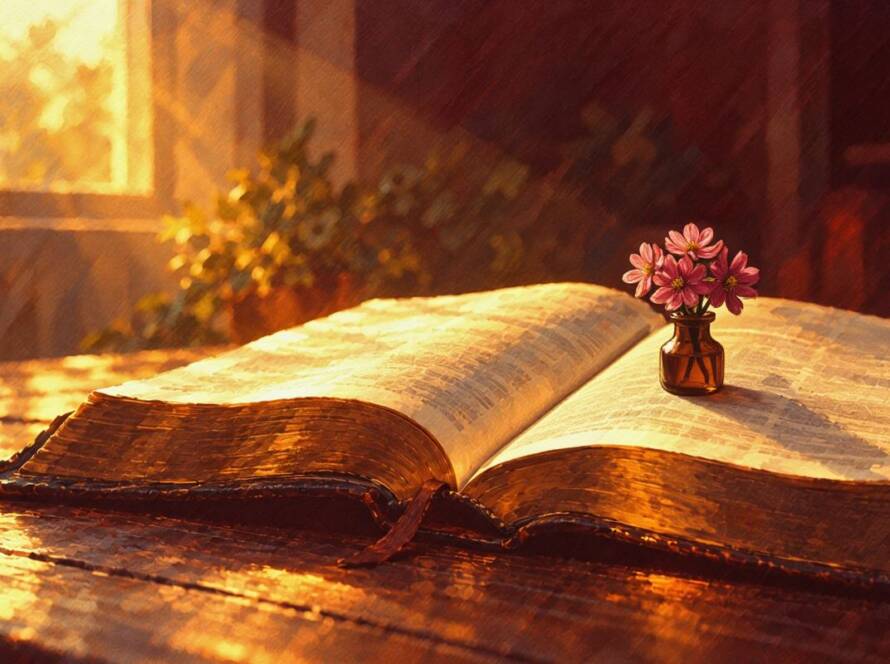 Painted illustration of an open Bible in warm light for the Sandy Toyne testimony Lest We Forget