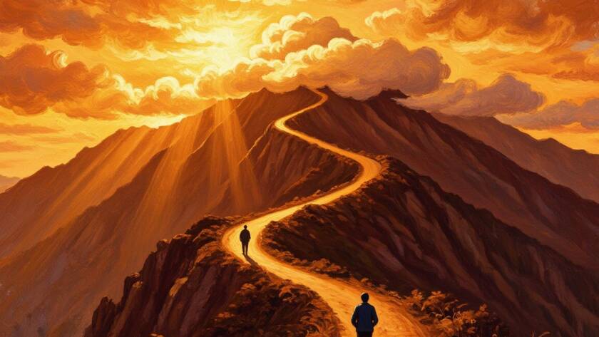 Painted illustration of a mountain path rising toward warm light, a picture of drawing near to God