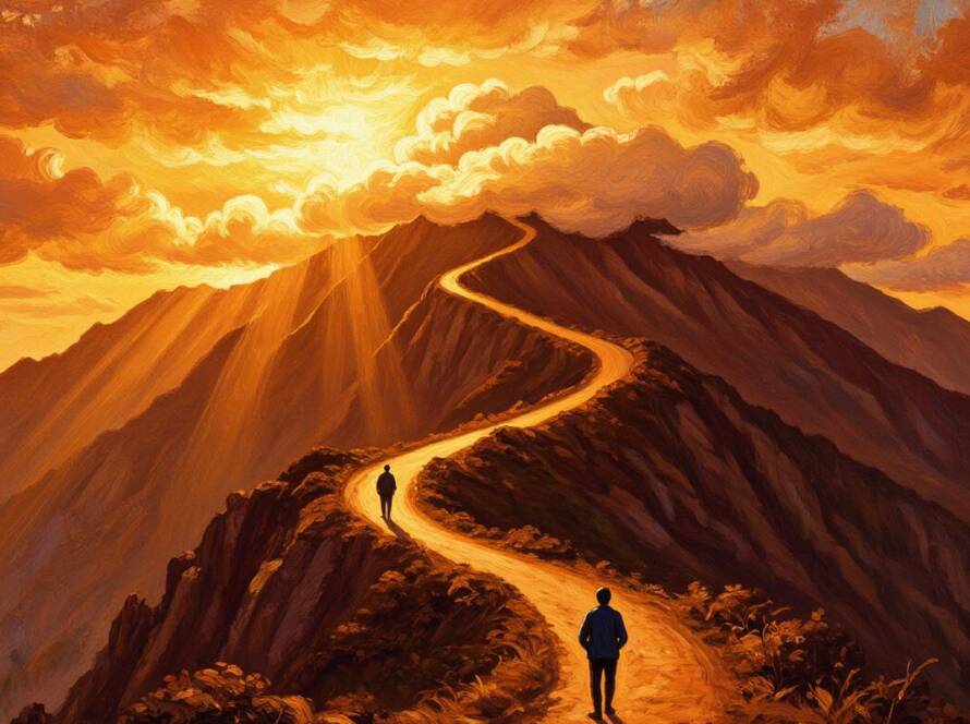 Painted illustration of a mountain path rising toward warm light, a picture of drawing near to God