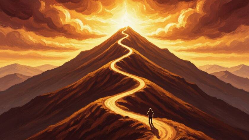 Painted illustration of a lone figure climbing a sunlit mountain path, a picture of drawing near to God
