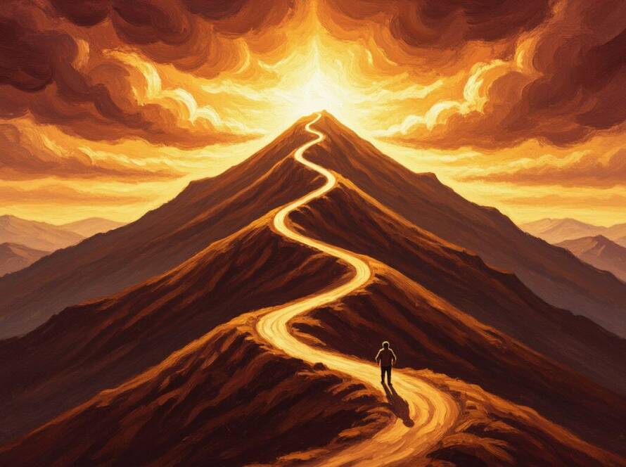 Painted illustration of a lone figure climbing a sunlit mountain path, a picture of drawing near to God