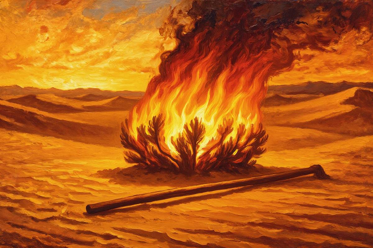 Painted illustration of a desert bush burning with golden flame but not consumed, a shepherd's staff nearby