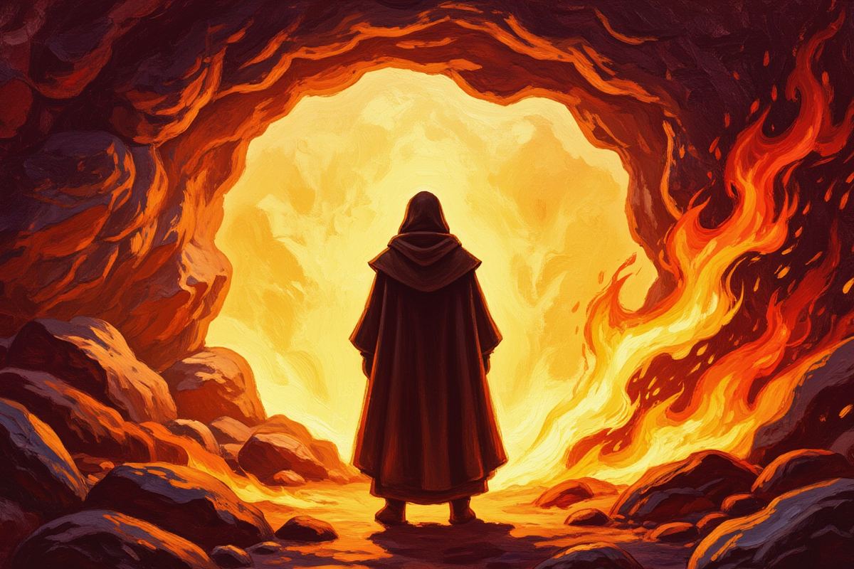 Painted illustration of a lone cloaked figure at a mountain cave mouth as wind, fire and light pass by