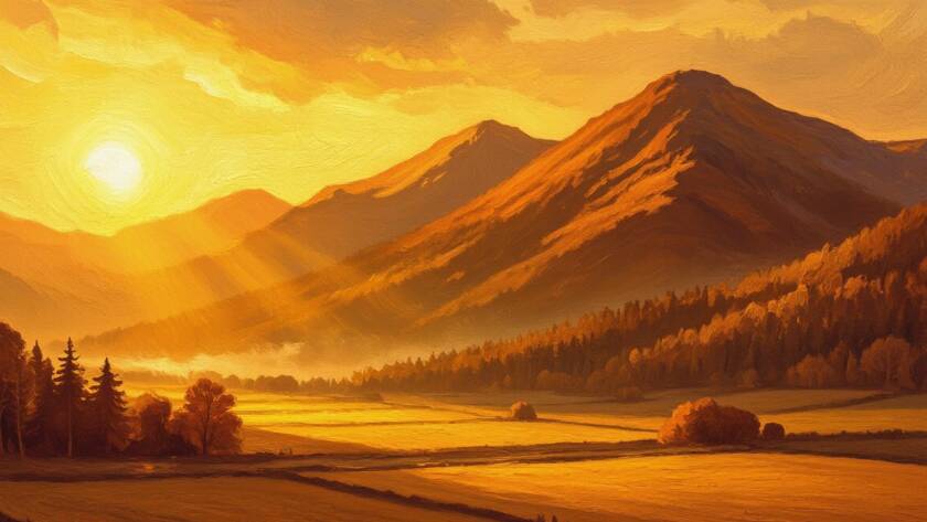Painted mountain peaks rising at dawn above quiet farmland, a picture of drawing near to God